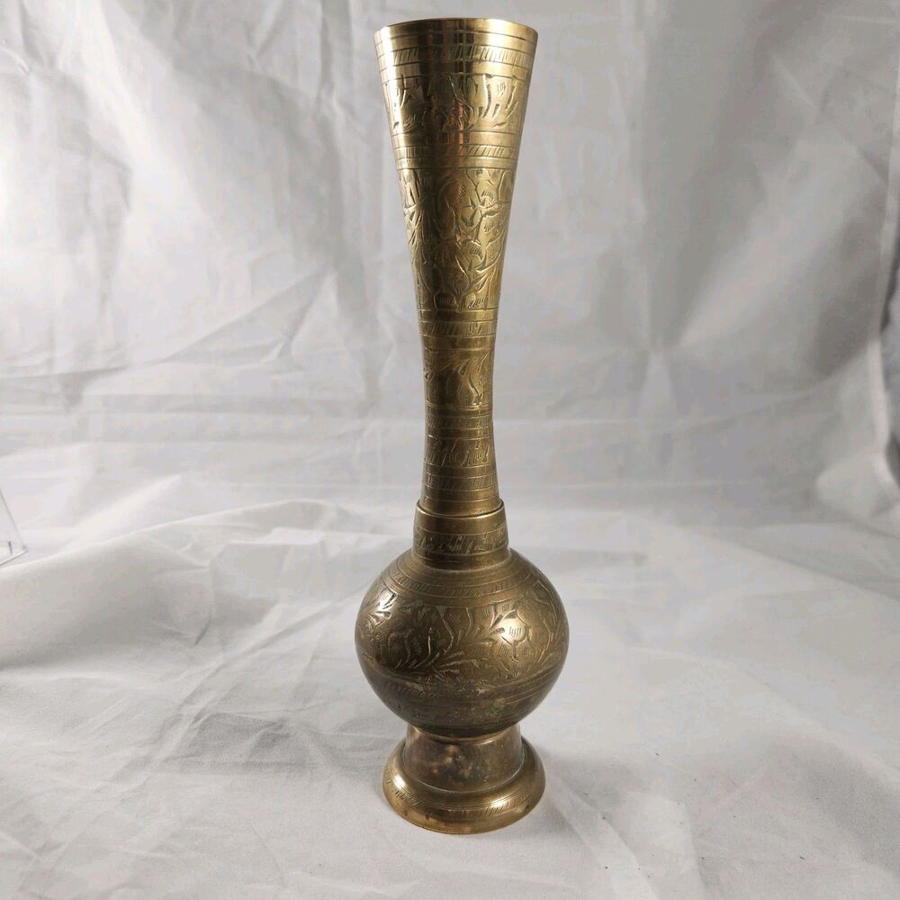 Vintage Solid Brass Floral Etched Bud Vase 9.5 x 3